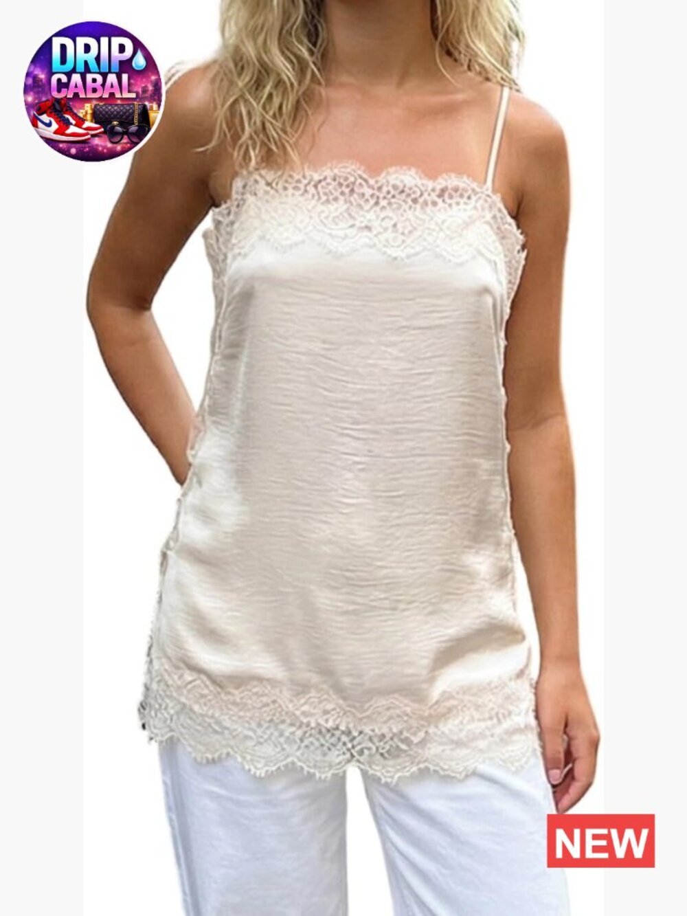 Silky Satin Camisole Top with Lace Trim, Spaghetti Strap, Asymmetrical Hem